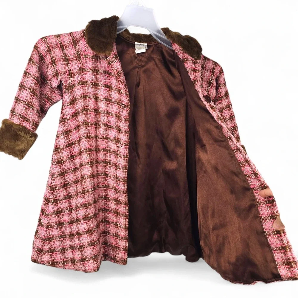 Studio Bini Vintage Girls 4T Pink Tweed Faux Fur Coat Jacket Brown USA